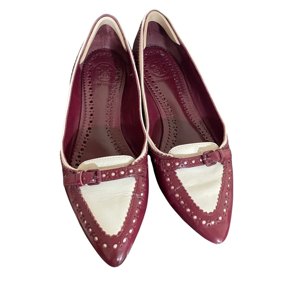 Tory Burch Burgundy White Wingtip Ballet Flats Women's Pointed Toe Buckle Detail